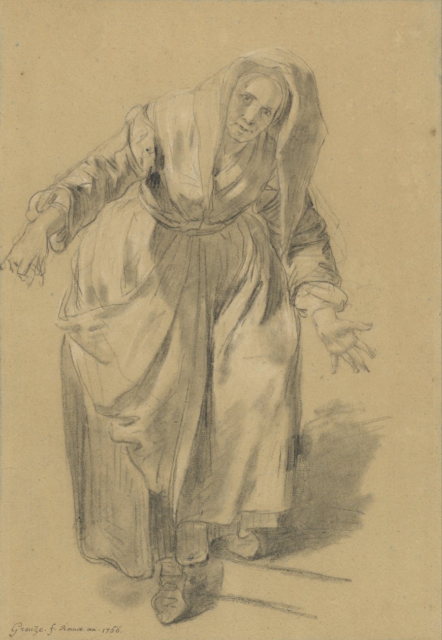 Vanha nainen kädet ojennettuna (tutkimus napolilaisesta eleestä) tekijältä Jean Baptiste Greuze