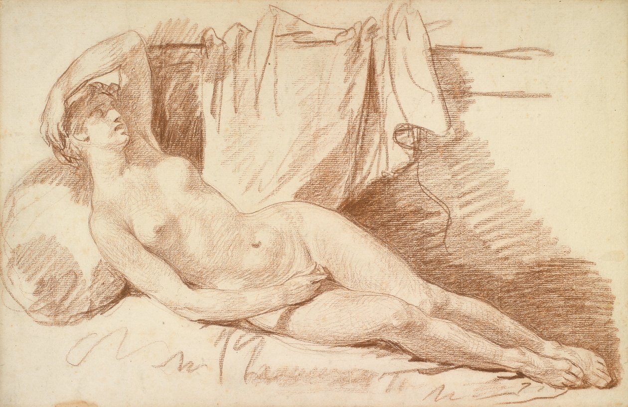 Makaava naisen alastonkuva: Jupiterin vieraileman Aeginan tutkimus, n. 1767 (punainen liitu paperille) tekijältä Jean Baptiste Greuze