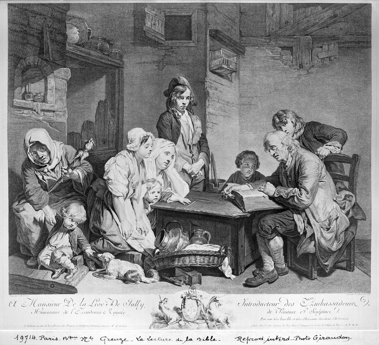 Raamatun lukeminen, kaiverrettu Pieter Franciscus Martenisie tai Martinasie (1729-89) 1759. tekijältä Jean Baptiste Greuze