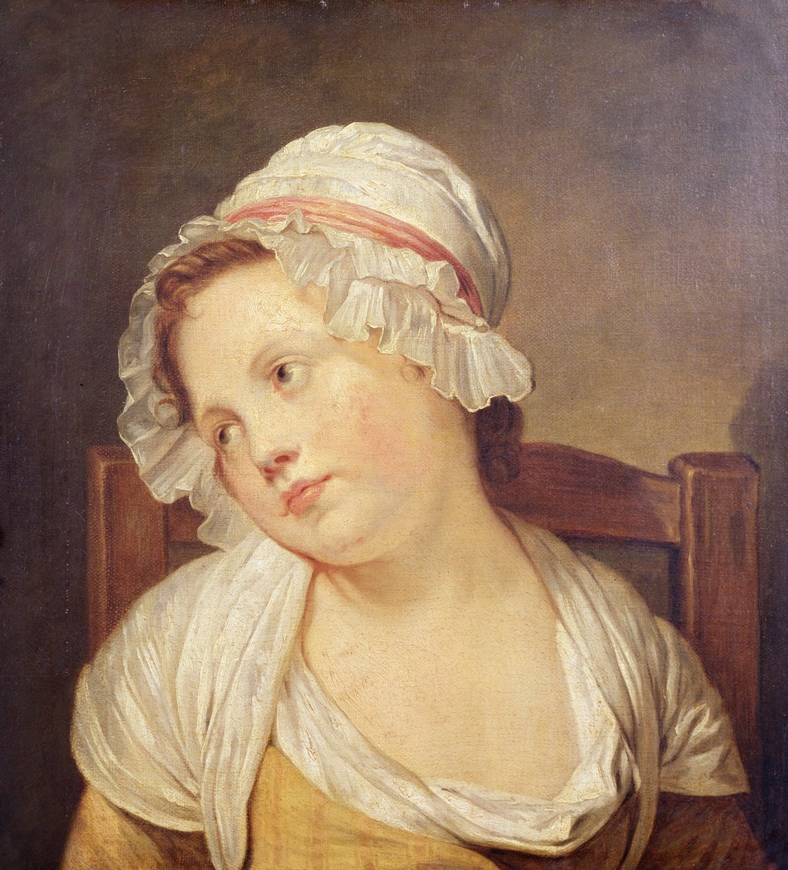 Nuori tyttö valkoisessa konepellissä tekijältä Jean Baptiste Greuze