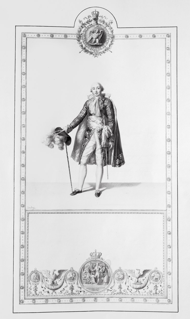 Imperiumin marsalkan puku keisari Napoleon I:n ja keisarinna Josephinen kruunaamiseen Pariisissa 2. joulukuuta 1804, kuvitus "Livre du Sacresta", julkaistu Pariisissa, 1804-15 (eng. tekijältä Jean Baptiste Isabey