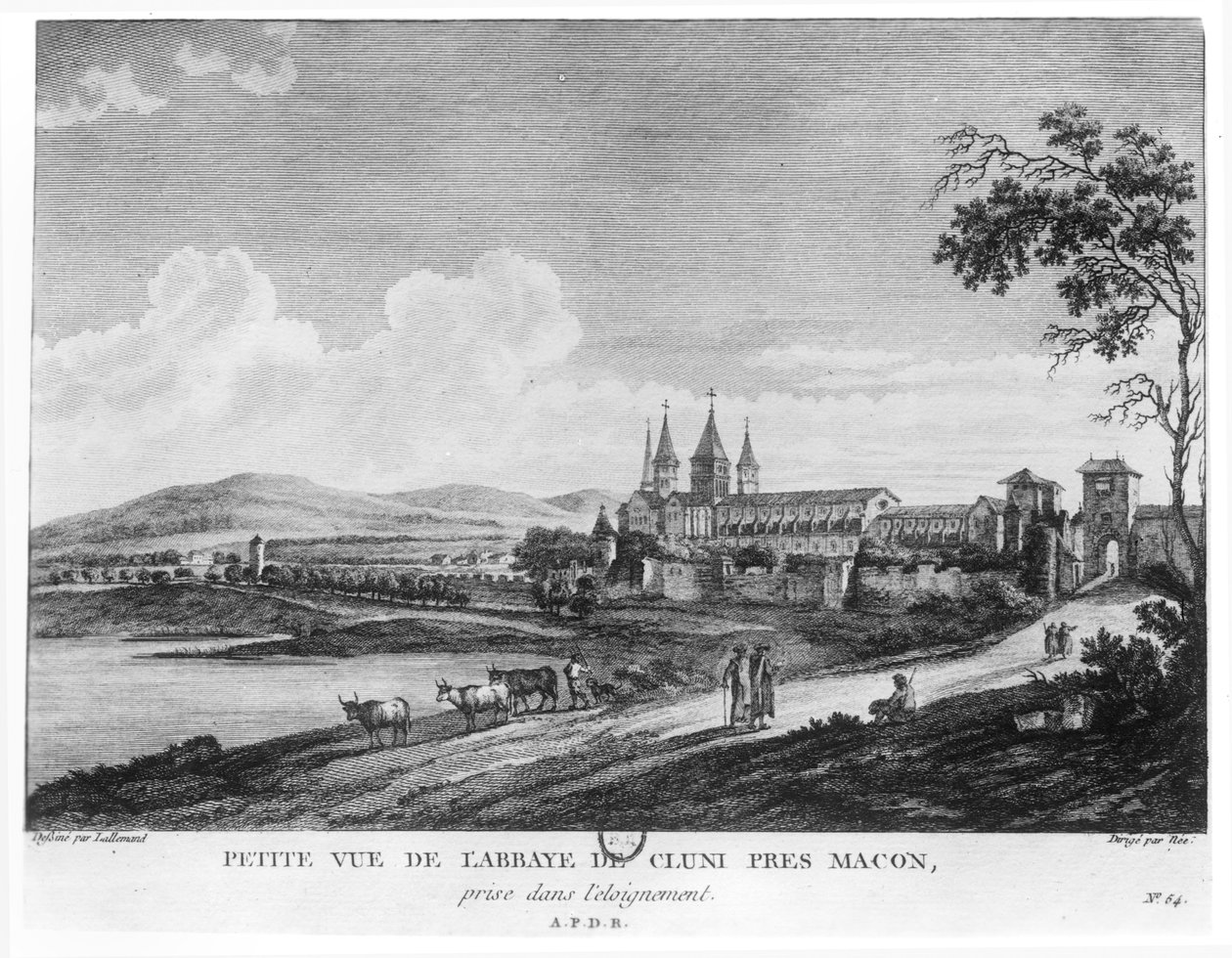 Näkymä Clunyn luostarista, Francois Denis Neen (1732-1817) johdolla kaiverretusta "Voyage Pittoresque de la France" -teoksesta, joka julkaistiin 1787. tekijältä Jean Baptiste Lallemand
