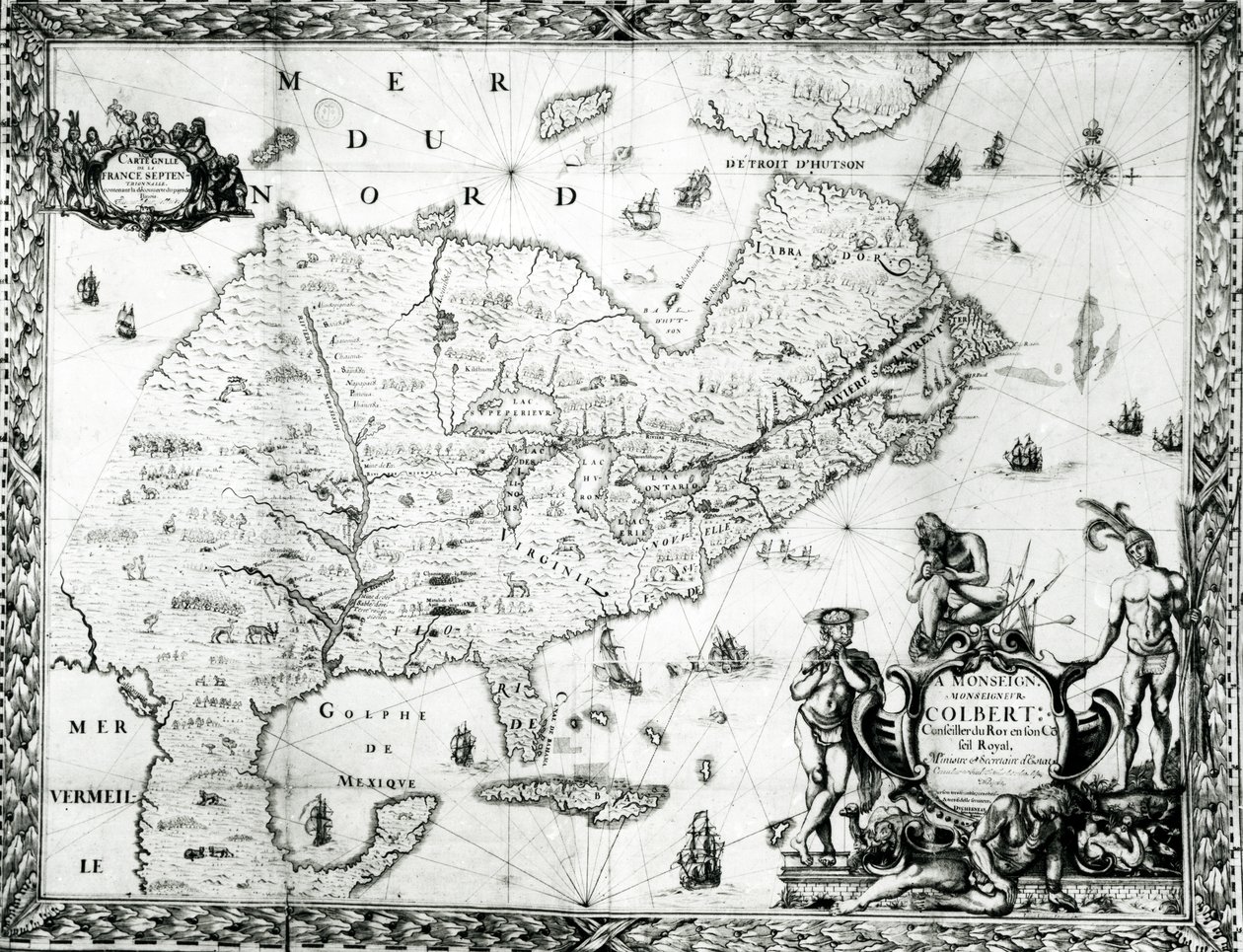 Uuden Ranskan kartta, jonka Duchesneau, intendantti, omisti Colbertille, 1681 (katso lisätietoja kohdasta 164769) tekijältä Jean Baptiste Louis Franquelin