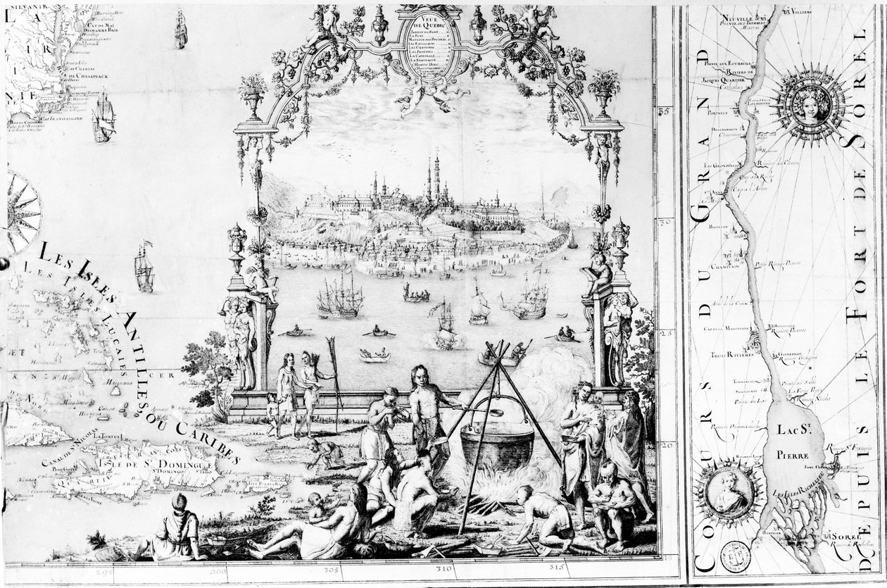 Näkymä Quebecistä, kartassa, joka kuvaa St. Lawrence-jokea Sorelista, 1699 tekijältä Jean Baptiste Louis Franquelin