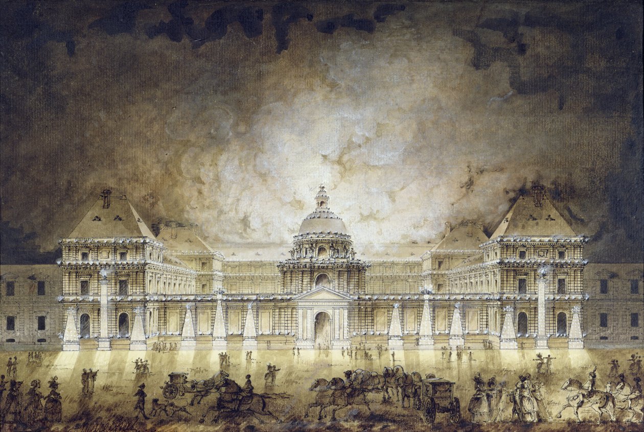 Luxemburgin palatsi, joka valaistu Fete du Roi -juhlille vuonna 1780 (kynä ja muste ja bistre paperilla) tekijältä Jean Baptiste Marechal