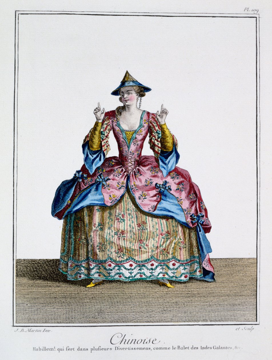 Chinoise, teoksesta "Ballet des Indes Galantes", 1700-luvun loppupuoli (käsin väritetty kaiverrus). tekijältä Jean Baptiste Martin