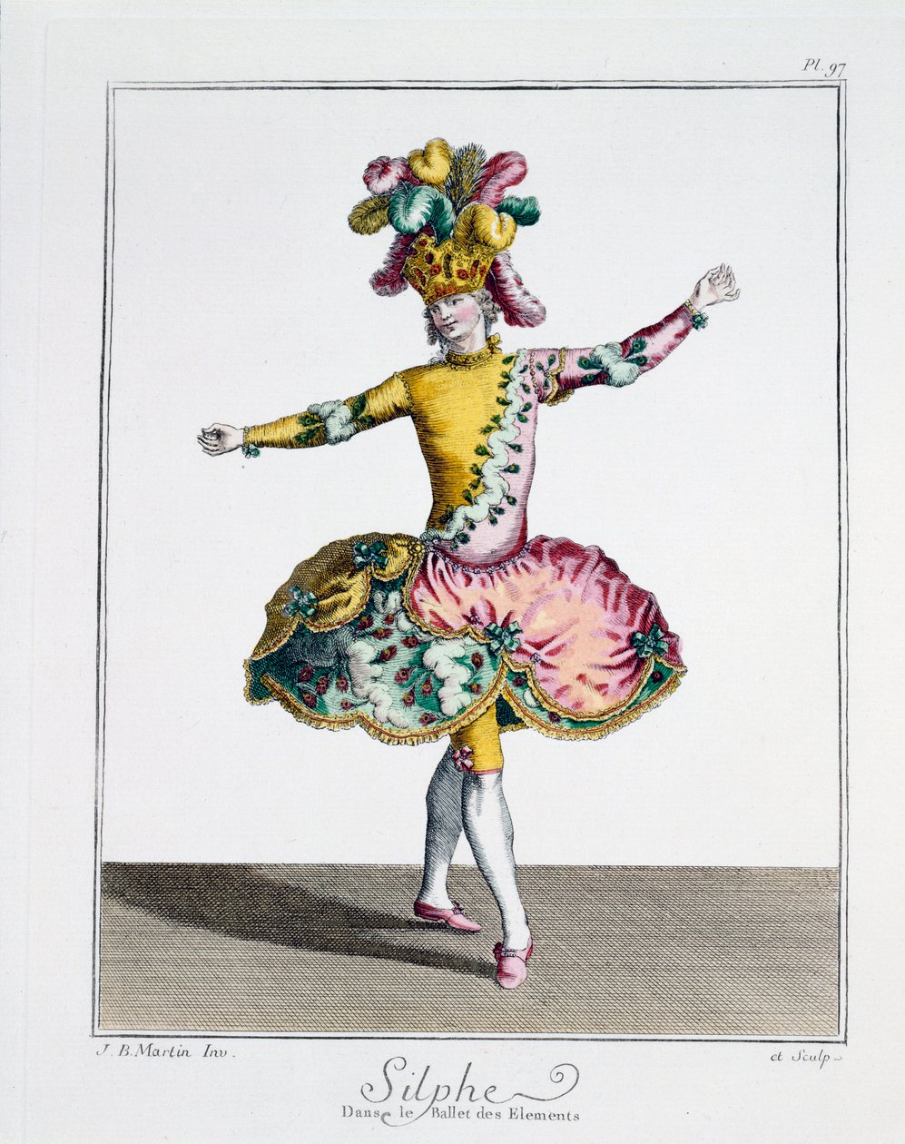 Pukusuunnittelu Silphelle Elementtien baletissa, 1700-luvun loppu (käsinvärinen kaiverrus) tekijältä Jean Baptiste Martin
