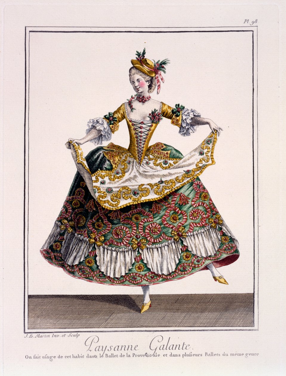 Lempeän talonpoikaisnaisen asu, 1700-luvun loppupuoli (käsin väritetty kaiverrus). tekijältä Jean Baptiste Martin
