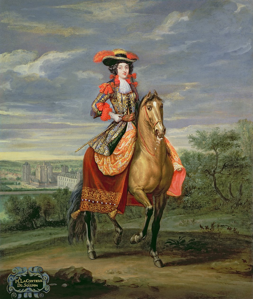 La Comtesse de Soissons ratsastaa näköalalla Chateau de Vincennesille tekijältä Jean Baptiste Martin
