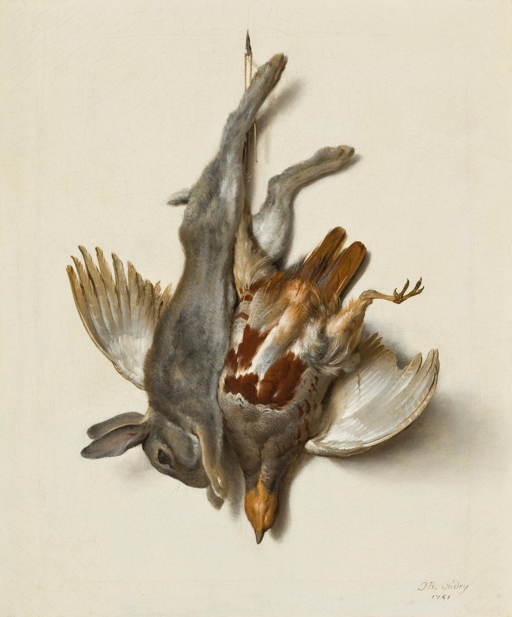 Nuori jänis ja peltopyy riippuvat jaloista, 1751 tekijältä Jean Baptiste Oudry