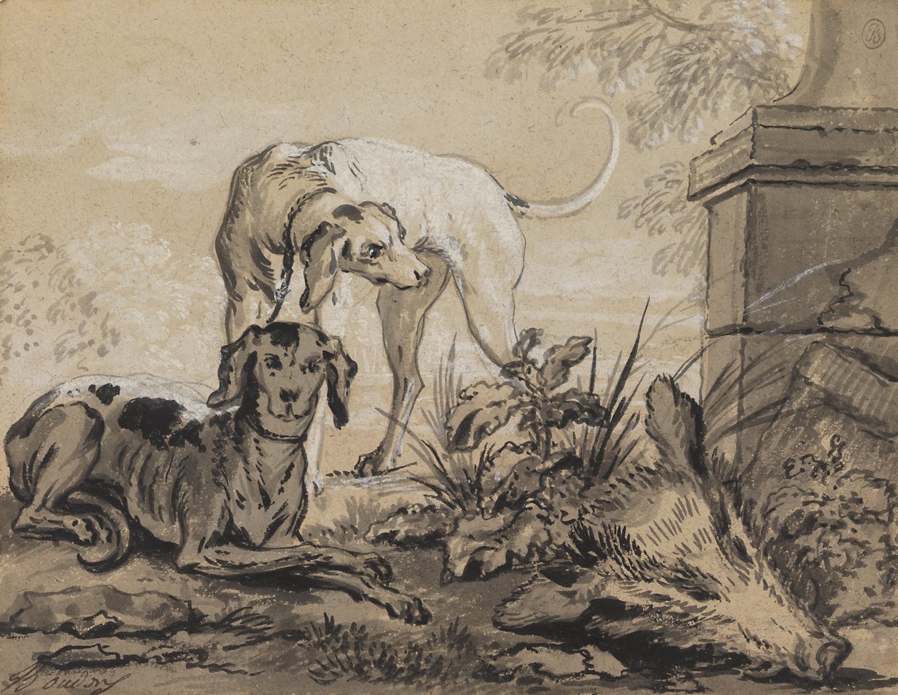 Metsästyksen jälkeen- kaksi koiraa Boars Headin vieressä tekijältä Jean Baptiste Oudry