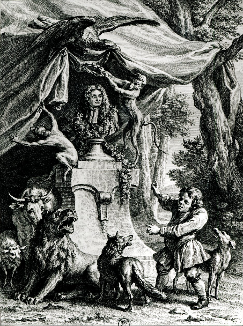 Allegorinen muotokuva Jean de La Fontainesta (1621-1695) taruistaan kuuluvien eläinten ympäröimänä tekijältä Jean Baptiste Oudry