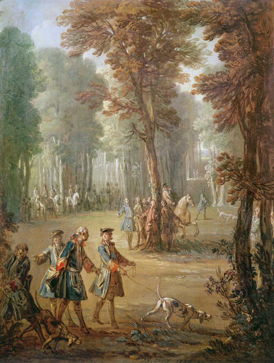 Ludvig XV (1710-74) ja hänen Bloodhound at Puys, sarjakuva kuvakudos, 1738 (katso myös 3328) tekijältä Jean Baptiste Oudry