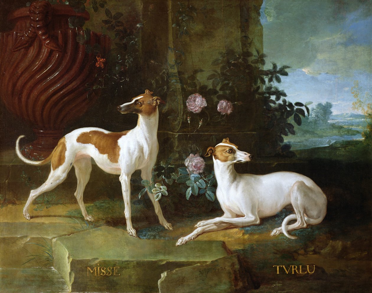 Neiti ja Turlu, kaksi Louis XV:n vinttikoiraa tekijältä Jean Baptiste Oudry