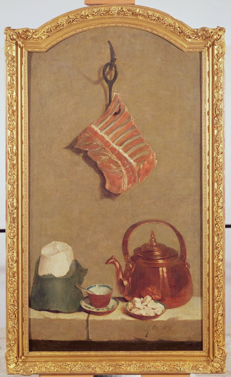 Asetelma, jossa on lihaa, vedenkeitin, kuppi, sokerileipä ja sokeripalat tekijältä Jean Baptiste Oudry