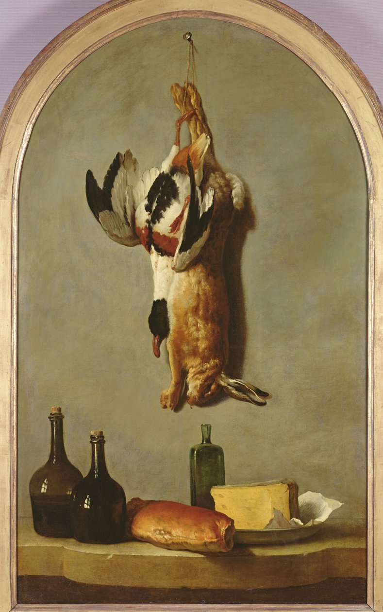 Tyyni elämä (jänis, ankka, pulloja, leipää ja juustoa), 1742 tekijältä Jean Baptiste Oudry
