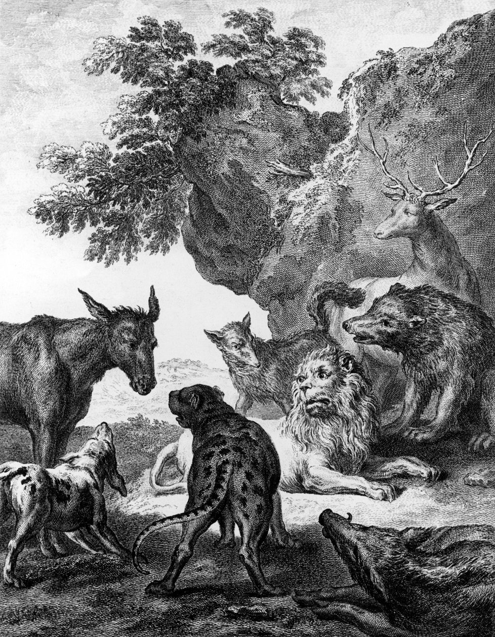 Ruttoon sairastuneet eläimet, kuvitus La Fontainen taruihin, 1755 tekijältä Jean Baptiste Oudry