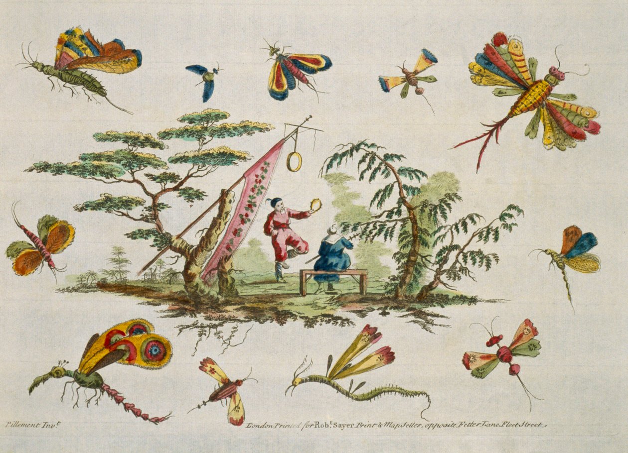 Kuva perhosista ja kahdesta keskeisestä hahmosta, jotka pukeutuvat japanilaisiin vaatteisiin For Ladies Amusementilta..Art of Japanning. Pillement, Jean Baptiste (1728-1808) tekijältä Jean Baptiste Pillement