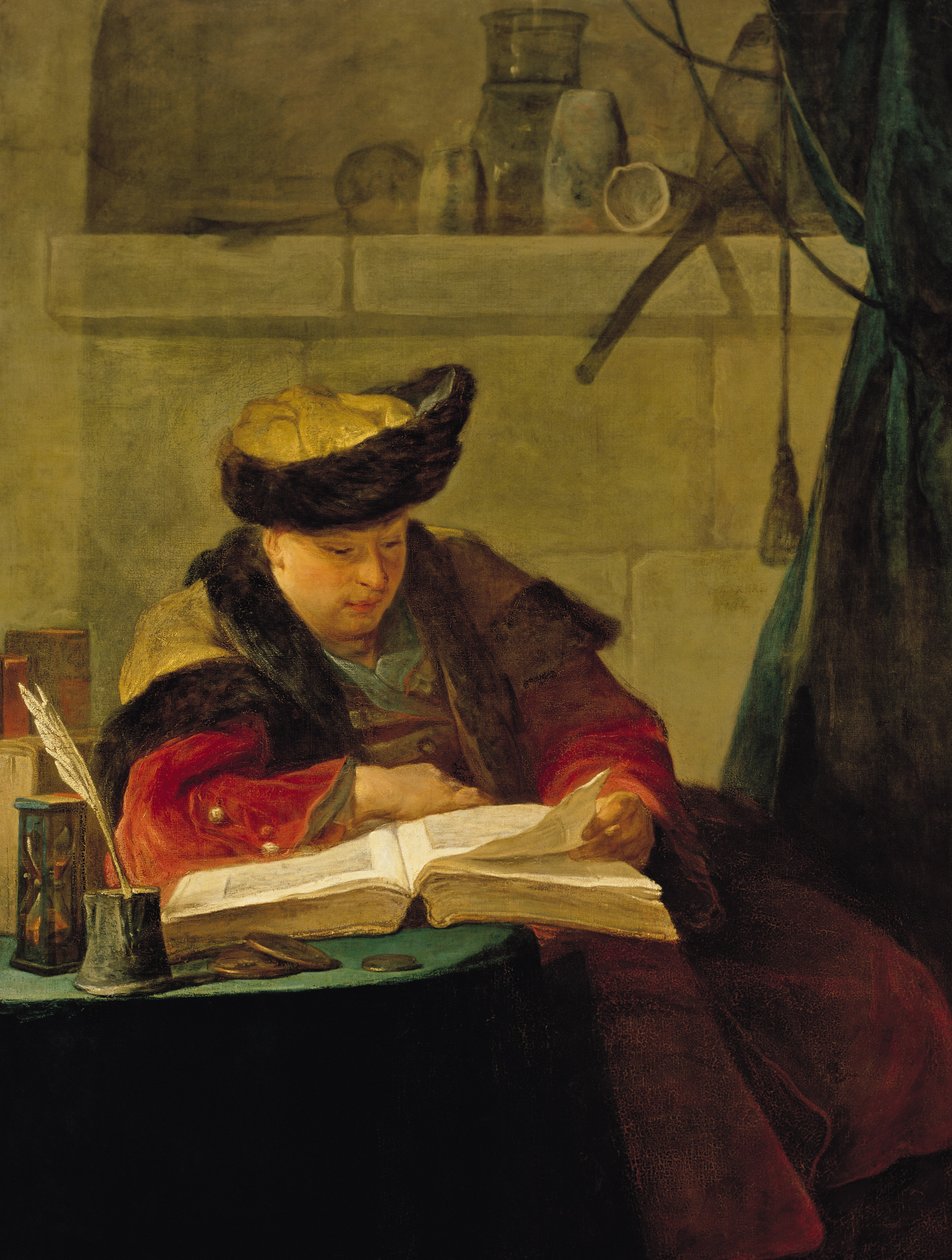 Kemisti laboratoriossa, prompteri tai filosofi, joka pitää luennon (maalari Joseph Avedin (1702-66) muotokuva, 1734 tekijältä Jean Baptiste Simeon Chardin