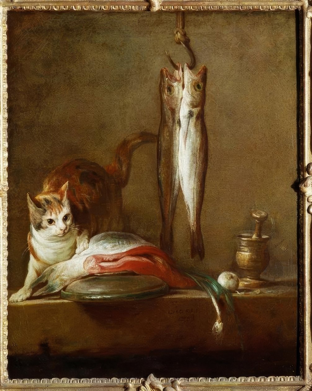 Chat avec tranche de saumon, deux maquereaux, mortier et pi tekijältä Jean Baptiste Simeon Chardin