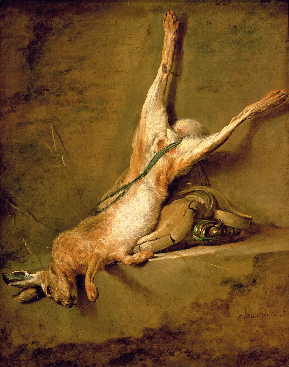 Kuollut jänis puuteritorvella ja pelilaukulla, n. 1726-30 tekijältä Jean Baptiste Simeon Chardin