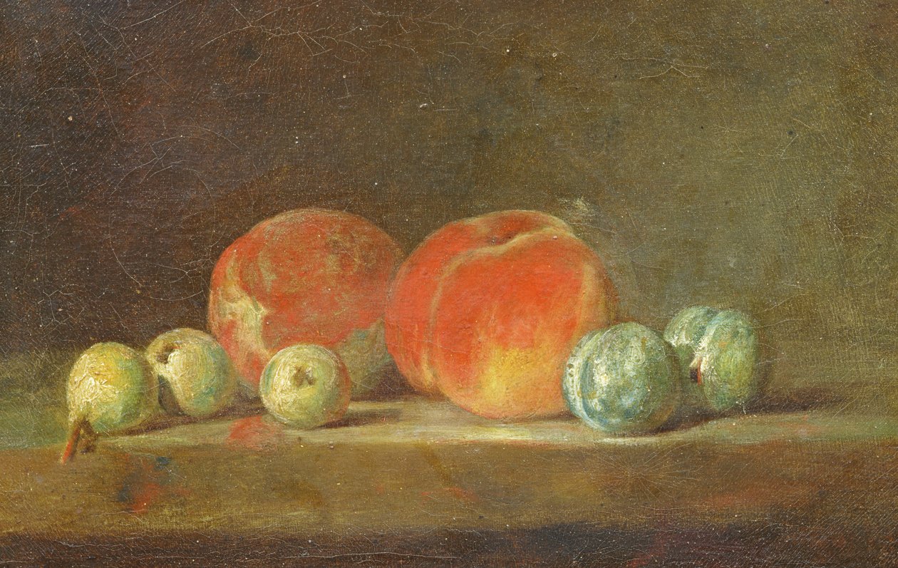 Persikat, päärynät ja luumut pöydällä tekijältä Jean Baptiste Simeon Chardin