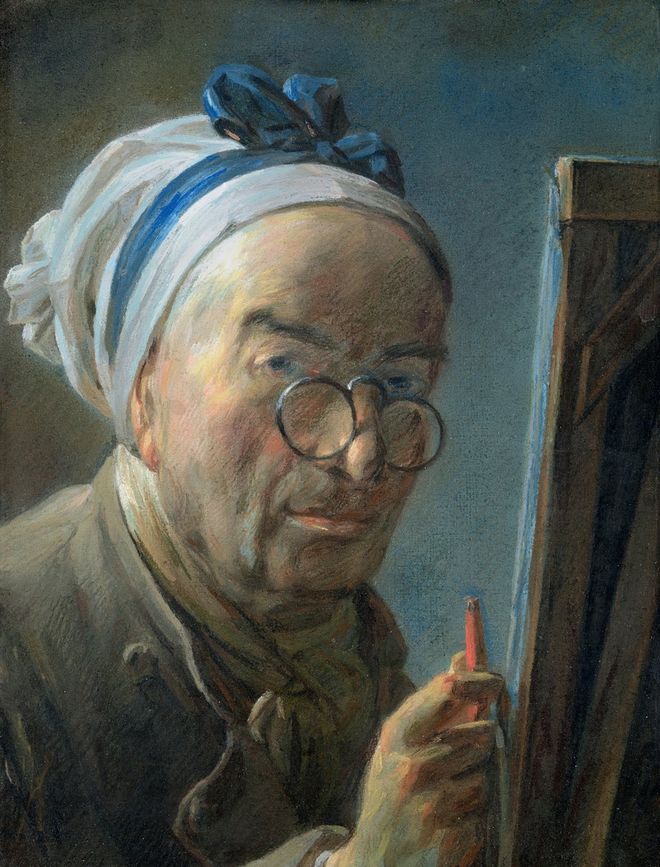 Omakuva maalaustelineellä, n. 1775-79 (pastelli) tekijältä Jean Baptiste Simeon Chardin