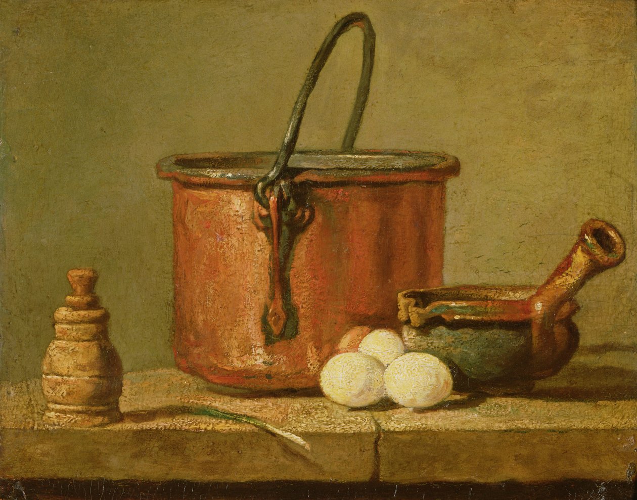 Ruoanlaittovälineiden, kattilan, paistinpannun ja munien asetelma tekijältä Jean Baptiste Simeon Chardin