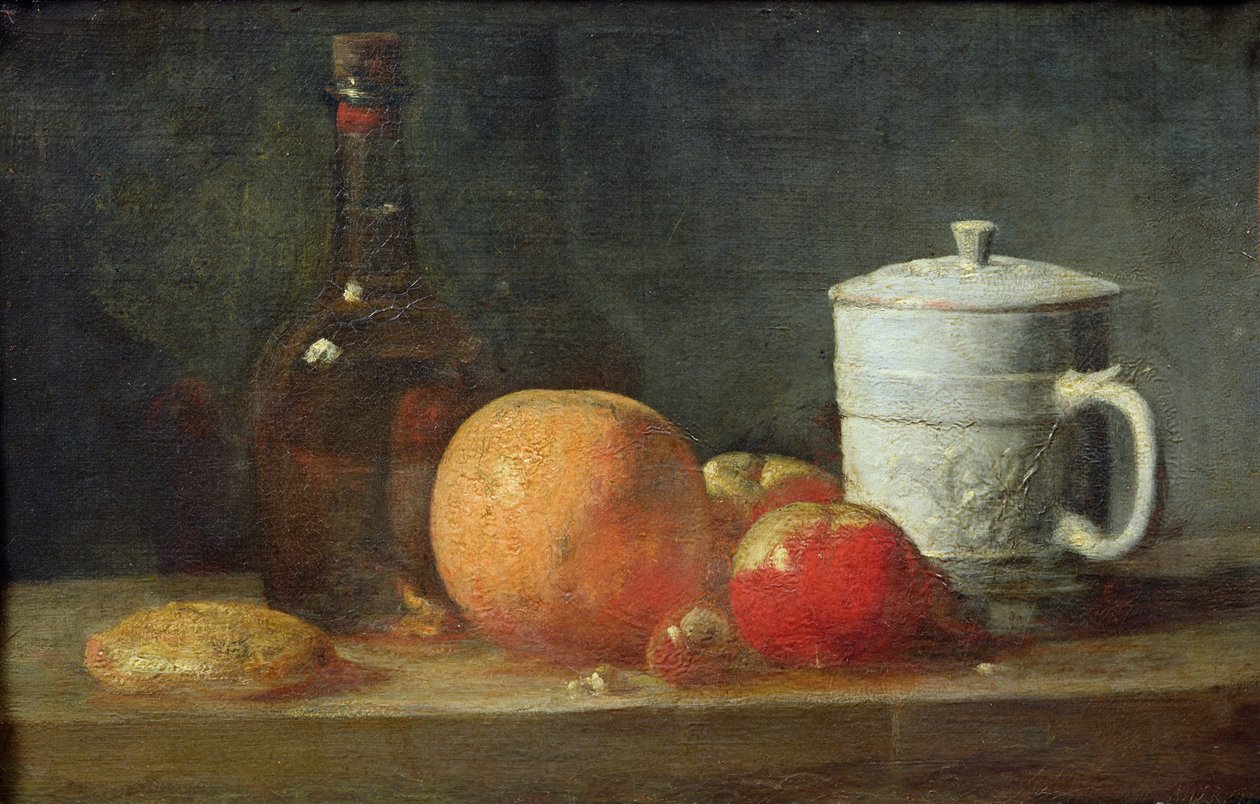 Asetelma hedelmien ja viinin kanssa Pullo tekijältä Jean Baptiste Simeon Chardin