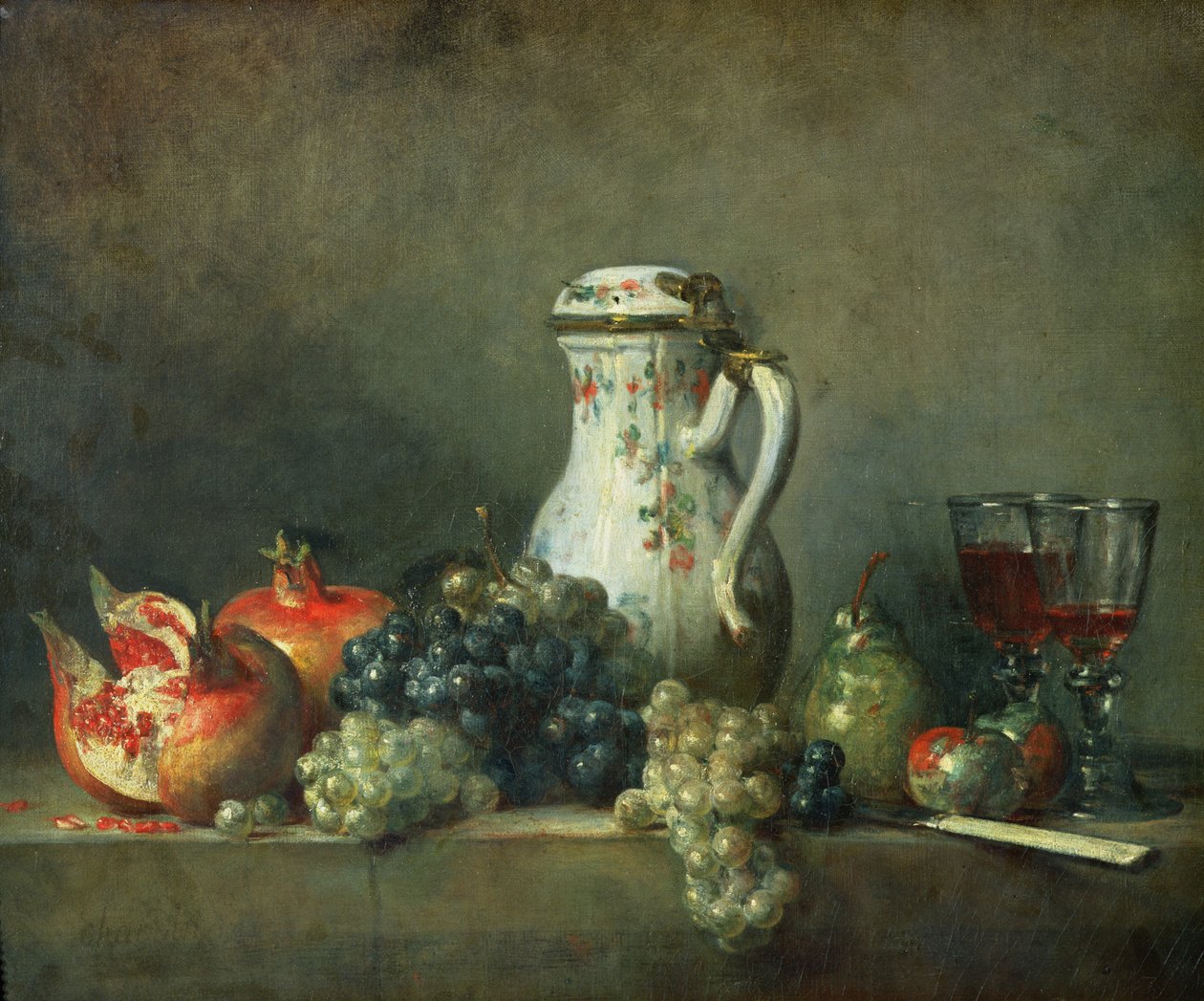 Asetelma viinirypäleiden ja granaattiomenoiden kanssa, 1763 tekijältä Jean Baptiste Simeon Chardin