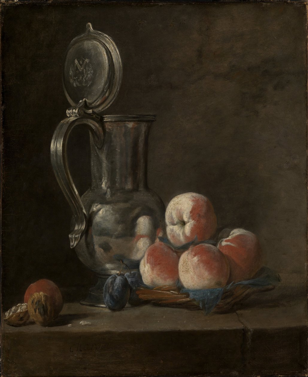 Asetelma tina kannu ja persikat tekijältä Jean Baptiste Simeon Chardin