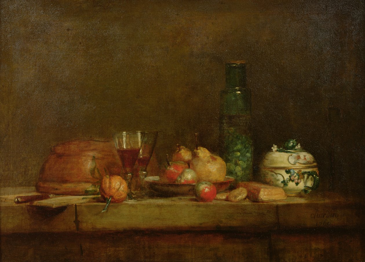 Asetelma oliivipullon kanssa, 1760 tekijältä Jean Baptiste Simeon Chardin