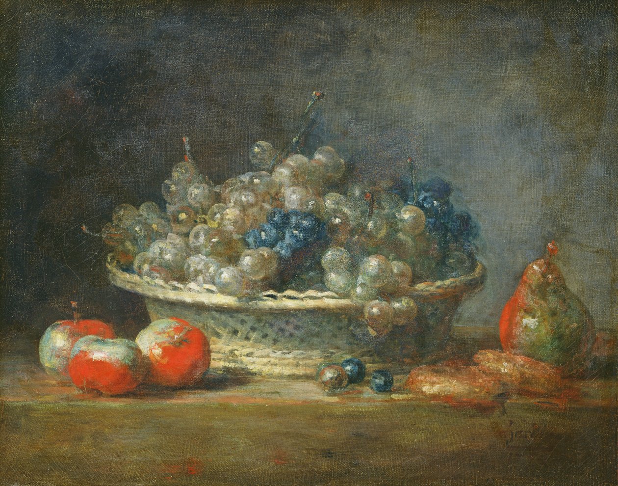 Asetelma: rypälekori, jossa on kolme omenaa, päärynä ja kaksi marsipaania, 1764 tekijältä Jean Baptiste Simeon Chardin