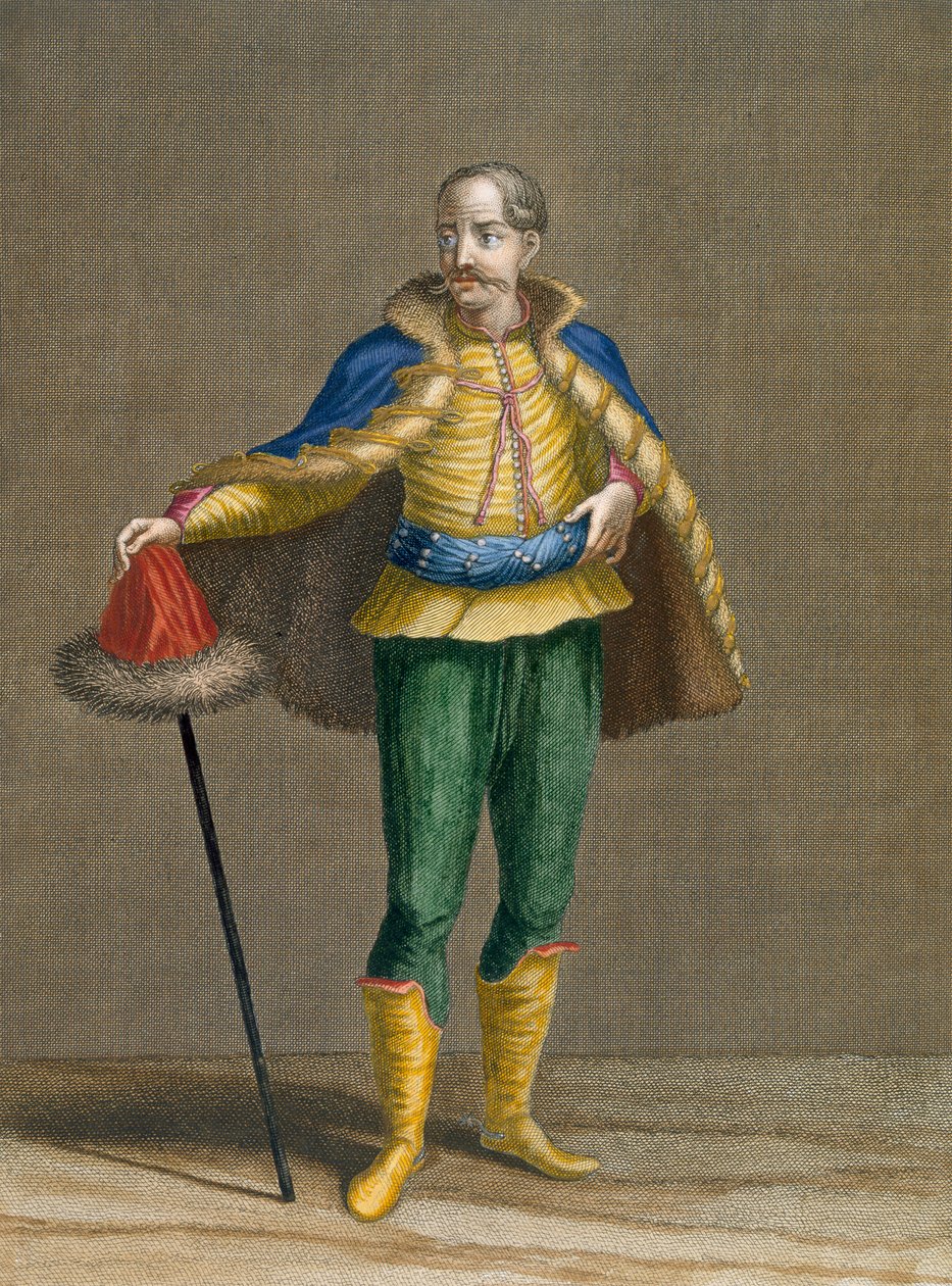 Unkarilainen, levy 76 Charles de Ferriolin "Collection of One Hundred Prints Representing the Different Nations of the Levant", jonka on kaiverruttanut Jean-Baptiste Haussard (1679-1749), 1707-08 (väri: "A Hungarian"). tekijältä Jean Baptiste Vanmour