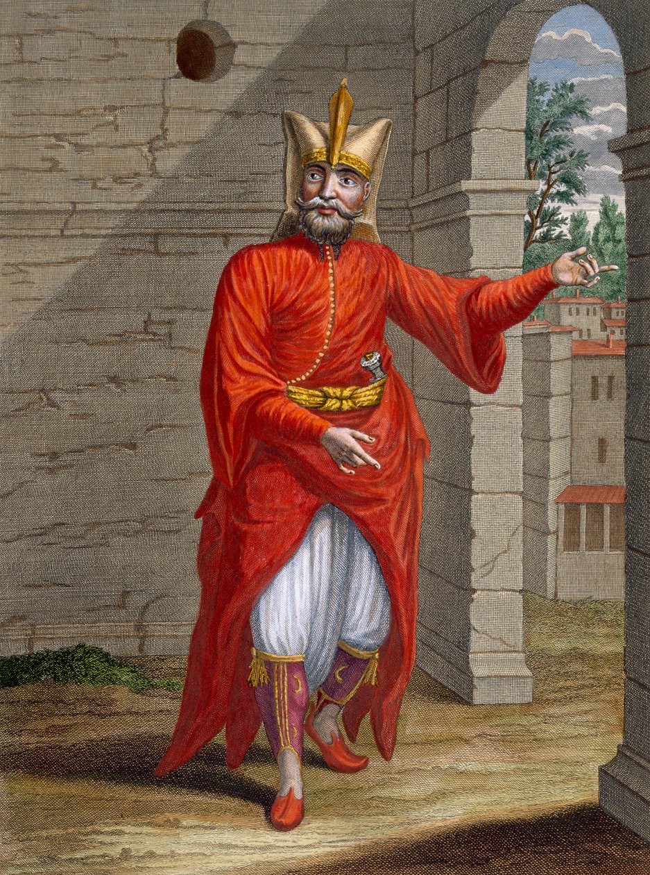 Janissary, levy 32 Charles de Ferriolin kokoelmasta Sata vedosta, jotka edustavat Levantin eri kansakuntia, kaiverrus Jean-Baptise Haussard (fl.1679-1749), 1707-08 (väri) tekijältä Jean Baptiste Vanmour