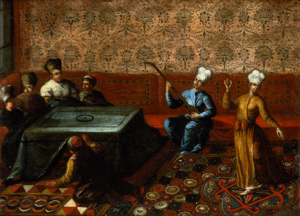 Figuurit kokoontuivat Kursin ympärille muusikon ja tanssijan esiintyessä ennen heitä tekijältä Jean Baptiste Vanmour