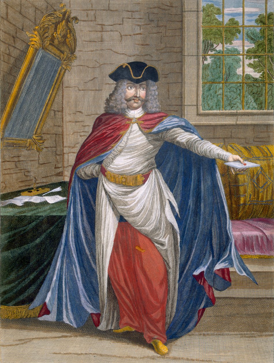 Ranskalainen kauppias, levy 61 Charles de Ferriolin kokoelmasta Sata vedosta, jotka edustavat Levantin eri kansakuntia, kaiverrus Gerard Scotin (1671-1716), 1707-08 (värillinen engra) tekijältä Jean Baptiste Vanmour