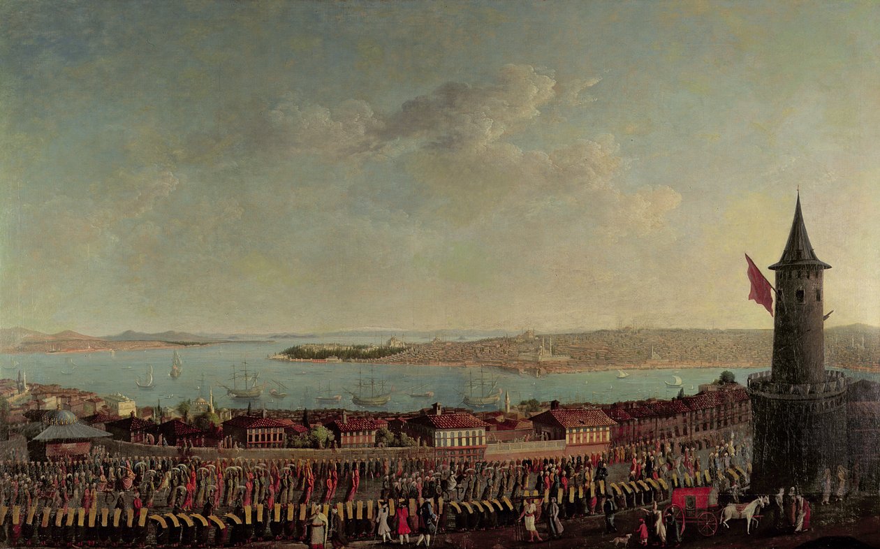 Näkymä Konstantinopoliin ja janitsareiden kulkue ohittaessaan Galata-tornin tekijältä Jean Baptiste Vanmour
