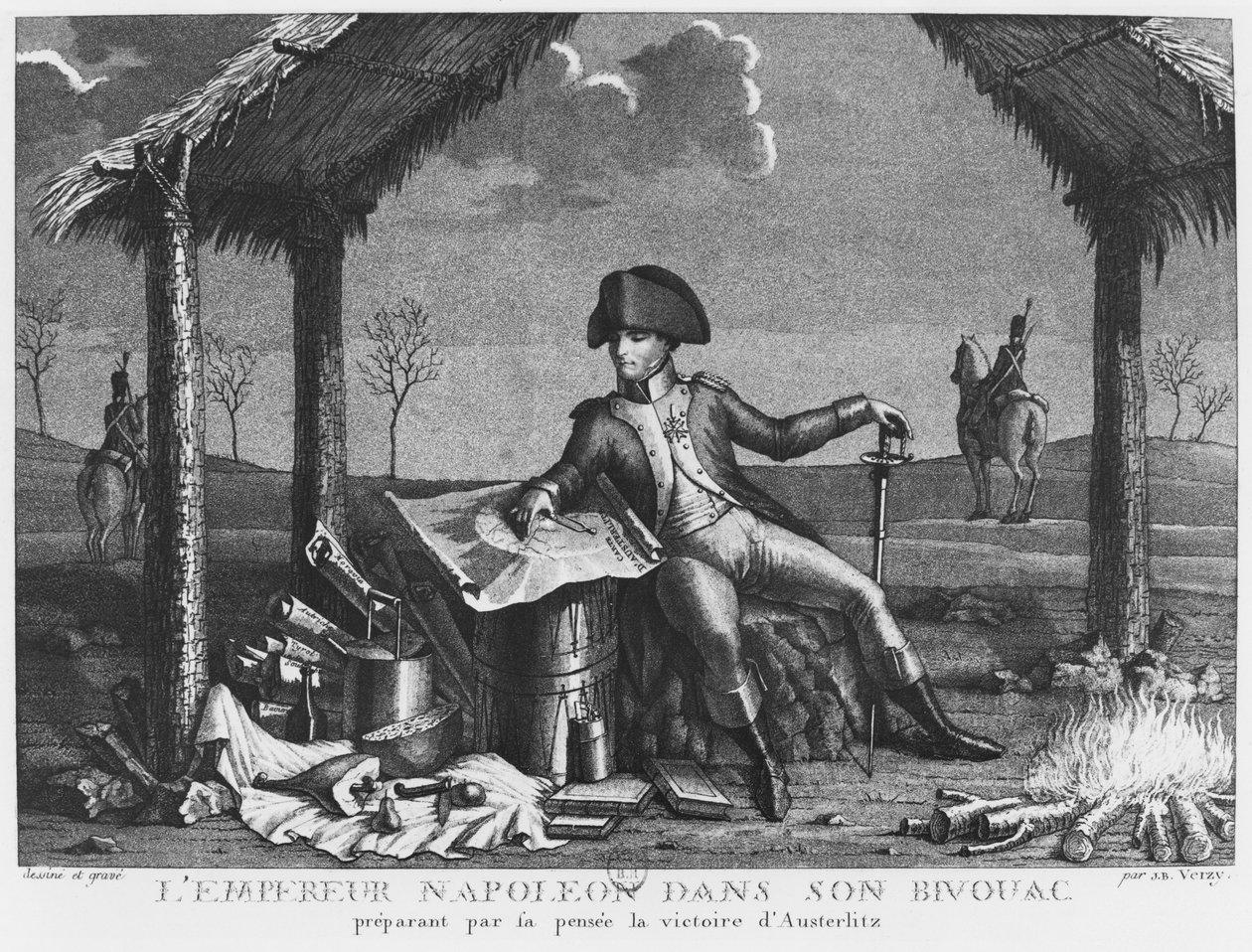 Keisari Napoleon I:n bivouac Austerlitzin voittoa suunnitellessaan, 1805. tekijältä Jean Baptiste Verzy