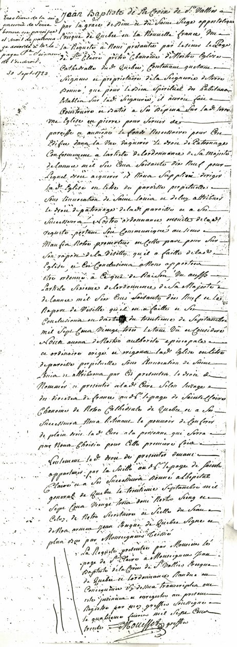 Décret d´érection de la paroisse de Saint-Louis-de-France de Terrebonne tekijältä Jean Baptiste de La Croix