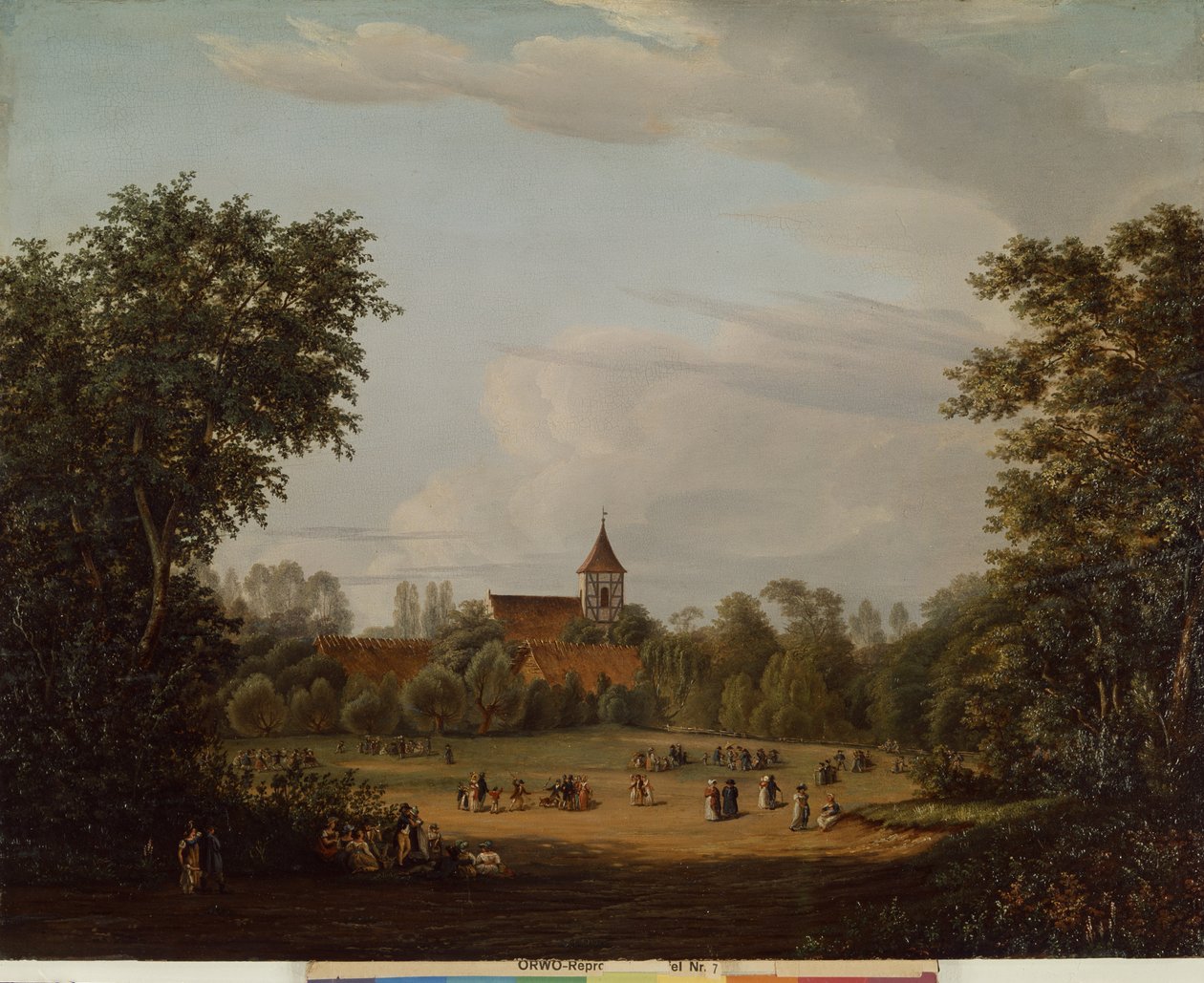 Näkymä kylän kirkolle, Pankow, 1835 tekijältä Jean Bartheleney Pascal