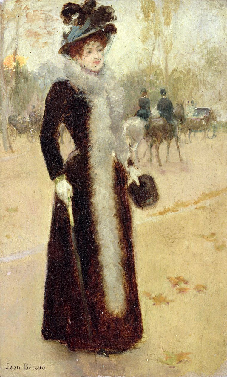 Pariisilainen nainen Bois de Boulognessa, n. 1899 tekijältä Jean Beraud