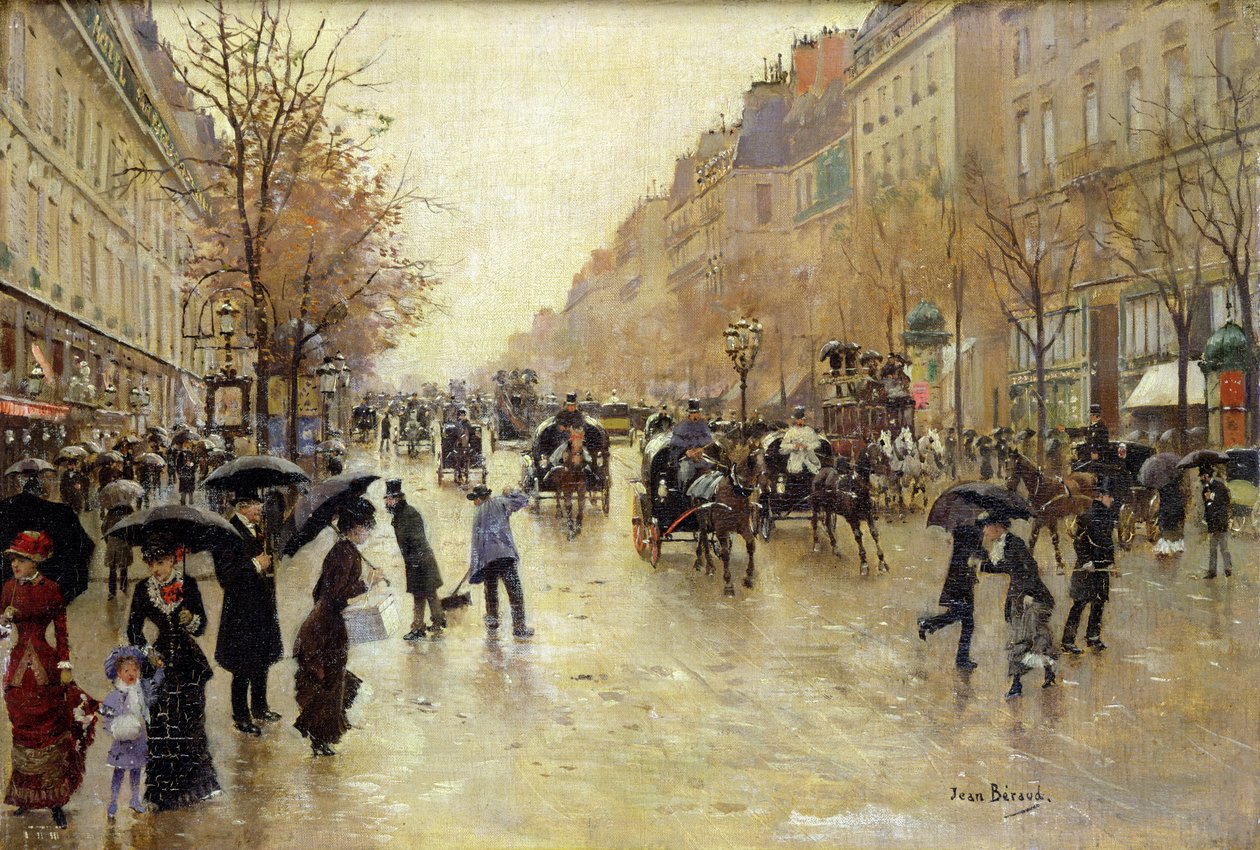 Boulevard Poissonniere in the Rain, noin 1885 tekijältä Jean Beraud