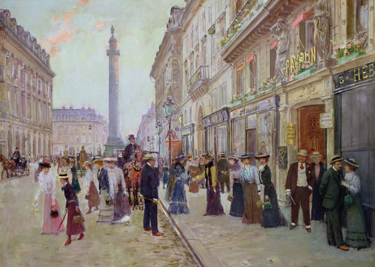 Työntekijät lähtevät Maison Paquinista, rue de la Paixista, noin 1900 tekijältä Jean Beraud