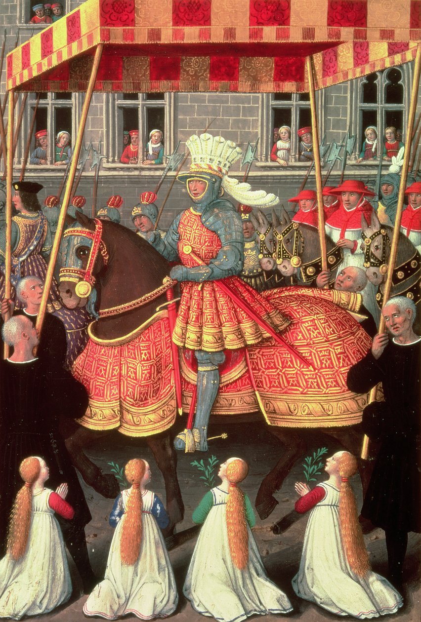 Ludvig XII (1462-1515) saapumassa Genovaan katoksen alla, ja hänen jälkeensä neljä kardinaalia, "Hours of Anne of Bretagne", 1515-20 tekijältä Jean Bourdichon