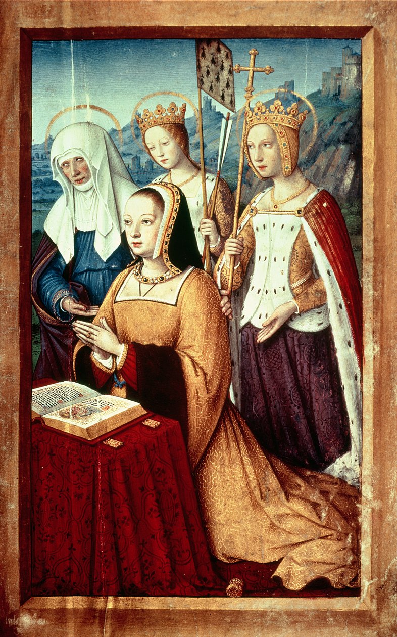 Ms lat 9474 f.3v Anne of Bretagne St. Annen, St. Ursulan ja St. Helenin kanssa, pienoiskuva Bretagnen Annan Grandes Heuresista, n. 1503-8 tekijältä Jean Bourdichon