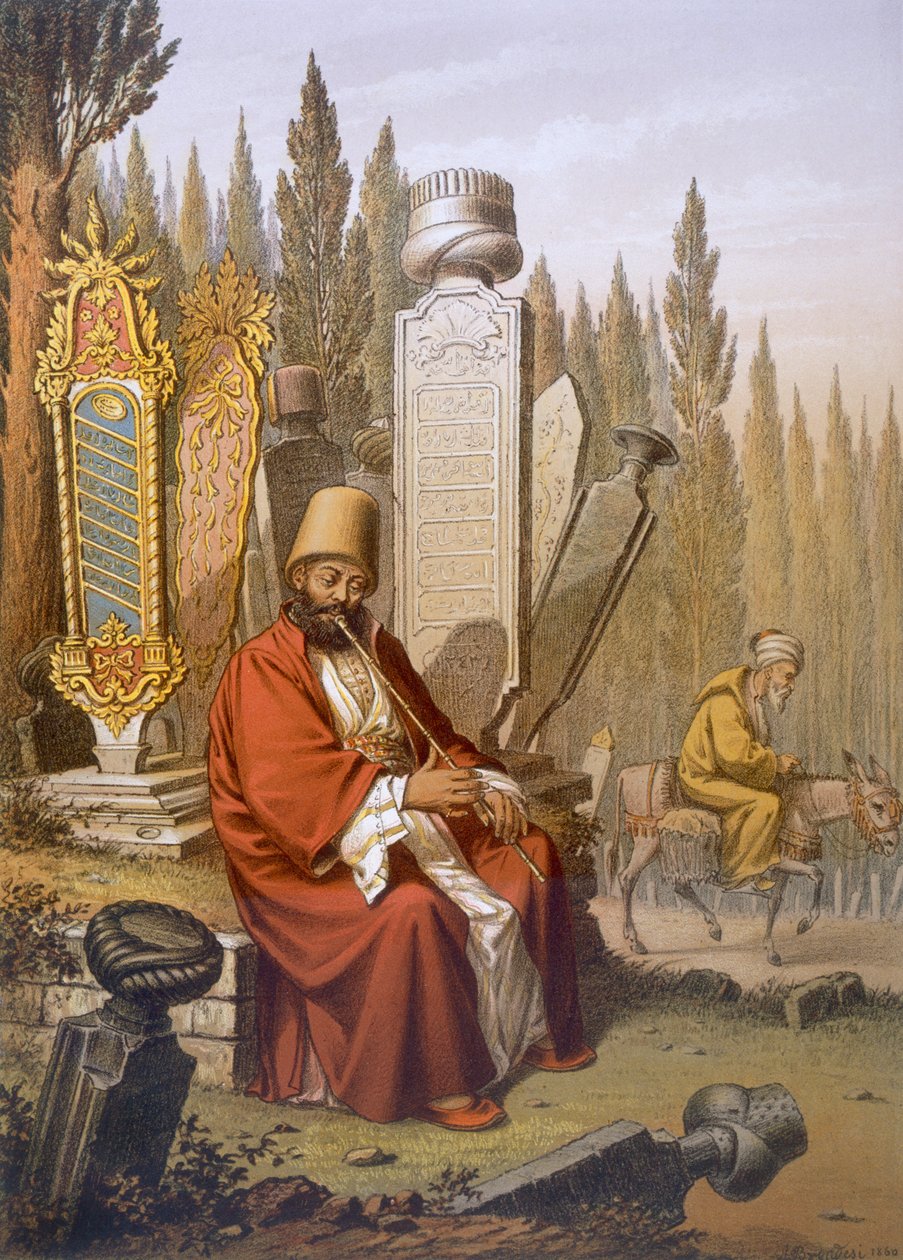 Neyä soittava Sufi istuu turkkilaisella hautausmaalla kaiverrettujen hautalaattojen keskellä, kuva "Souvenirs de Constantinople" -pubista. Pariisi, noin 1855 tekijältä Jean Brindesi