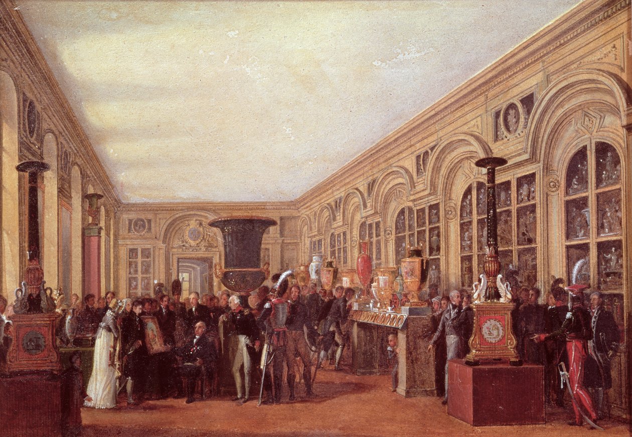 Alexandre Brongniart (1770-1847) Sevresin työpajan taiteilijoiden esittely Louis XVIII:lle (1755-1824) (öljy paperille) tekijältä Jean Charles Develly