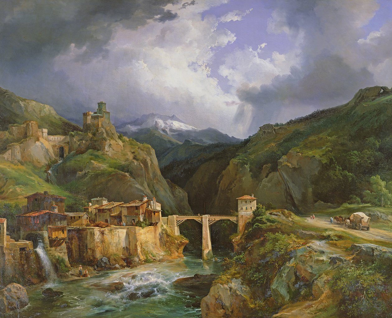 Crevolan kylä ja silta Simplonista Domodossolaan johtavalla tiellä, 1832 tekijältä Jean Charles Joseph Rémond