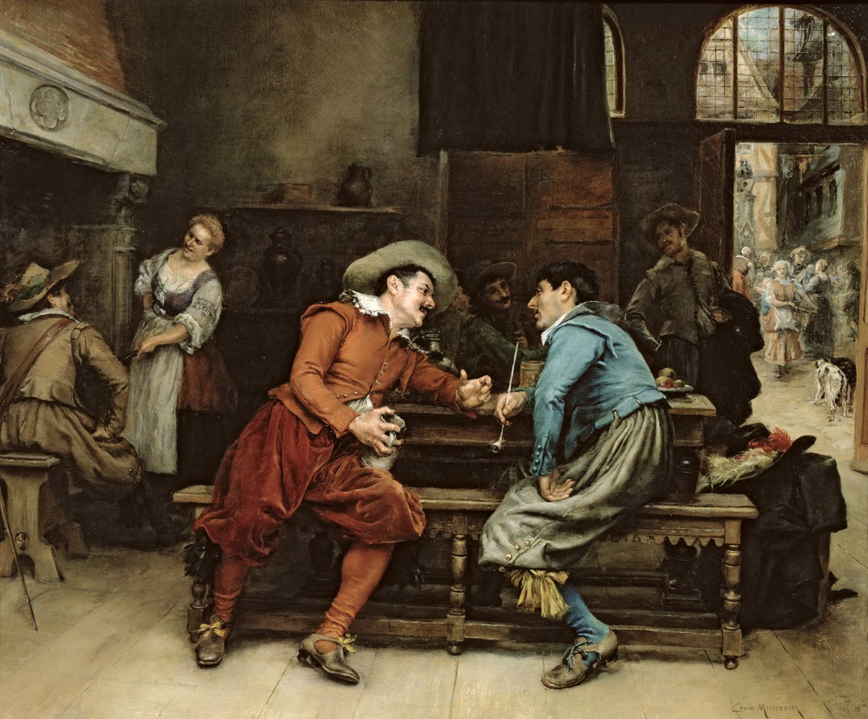 Kaksi miestä puhumassa tavernassa tekijältä Jean Louis Ernest Meissonier